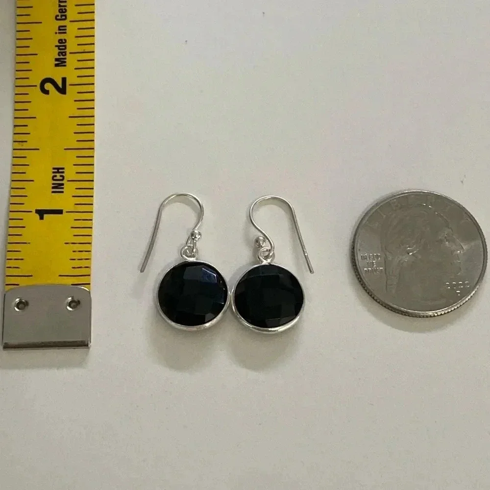 Real Beveled Onyx Solid 925 Sterling Silver Dangle Earrings